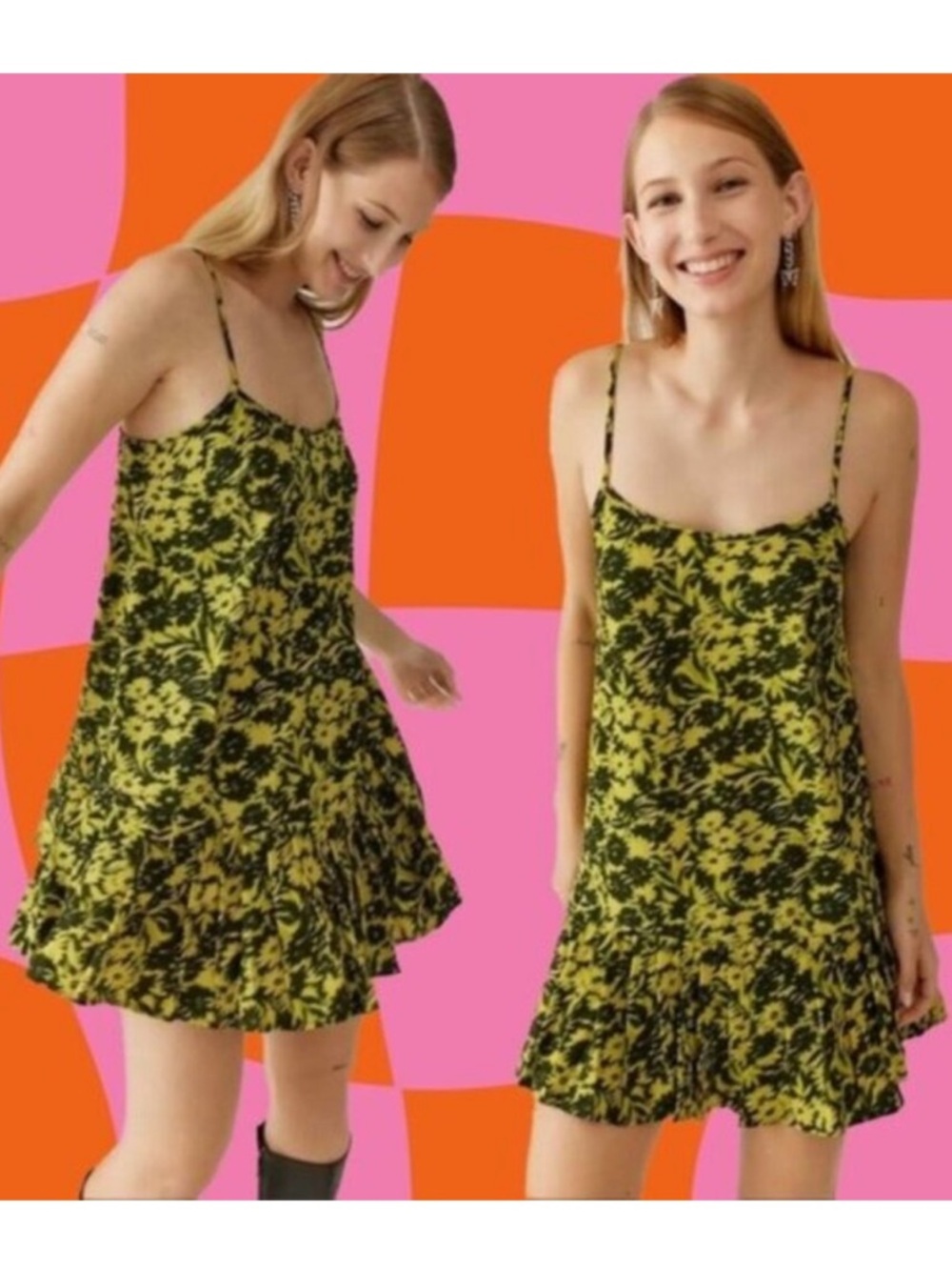Urban Outfitters | Camille Mini Frock Dress Yellow Green Digitized Floral Medium